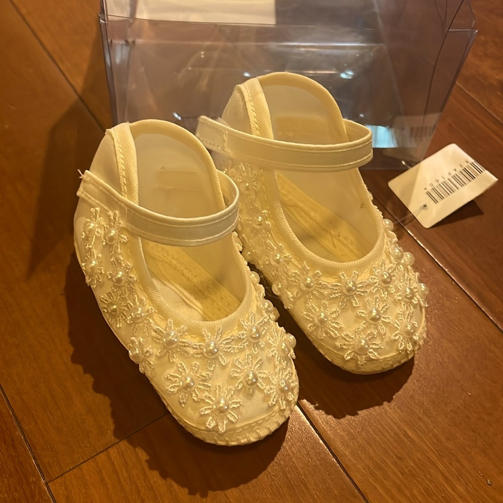 Newborn satin christening shoes… flower lace with pearls